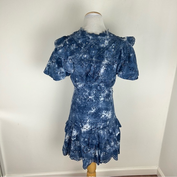 LoveShackFancy Fritzi Ruffle Eyelet Lace Mini Dress Midnight Tie Dye Blue Size 4 - Picture 6 of 9